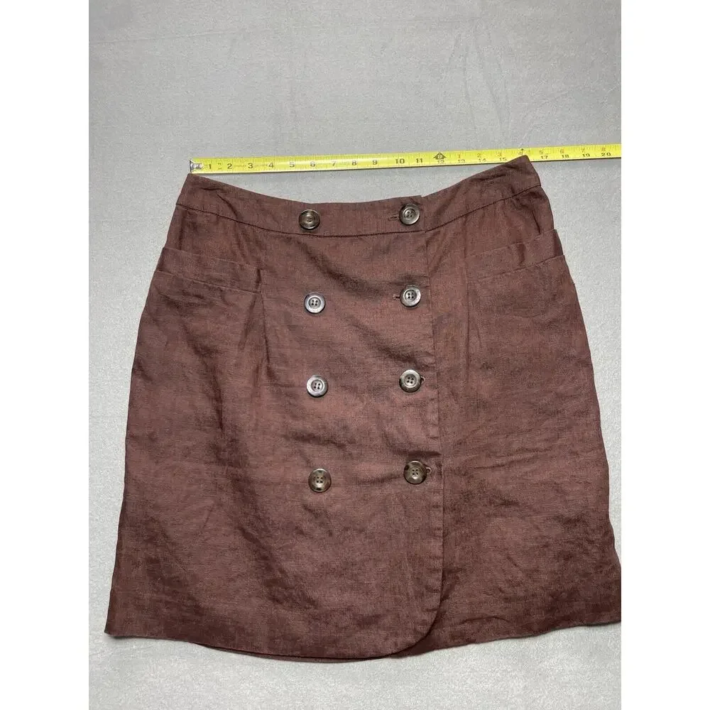 Focus 2000 Women Size 12 Brown‎ Linen Wrap Skirt Accent Buttons Lined Lagenlook
